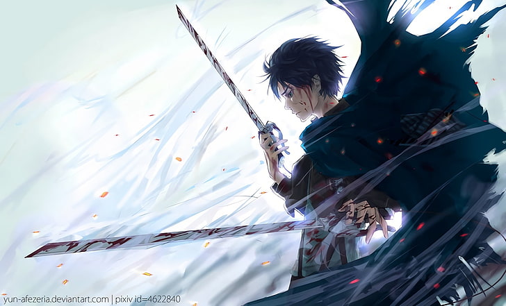 두 칼을 들고 검은 머리 남성 애니메이션 캐릭터 illustratio, 애니메이션, 타이탄에 대한 공격, Eren Yeager, Shingeki No Kyojin, HD 배경 화면