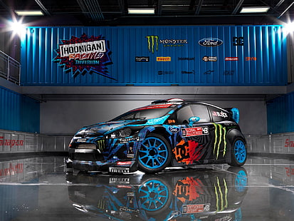 niebiesko-czarny pojazd seryjny, ford, wrc, fiesta, Ken Block, 2013, Monster energi, Tapety HD HD wallpaper