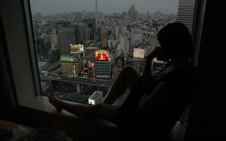parapet, przy oknie, Tokio, kobiety, sylwetka, Tapety HD
