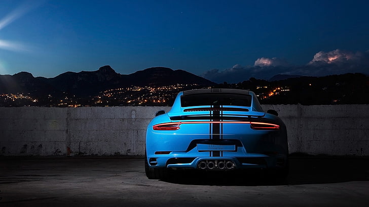 суперкар, Porsche 911 Carrera S, Porsche, ночь, панорама, синий, HD обои