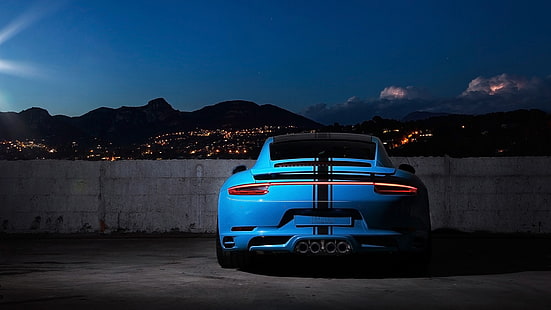 кола, Porsche 911 Carrera S, Porsche, нощ, панорама, син, HD тапет HD wallpaper