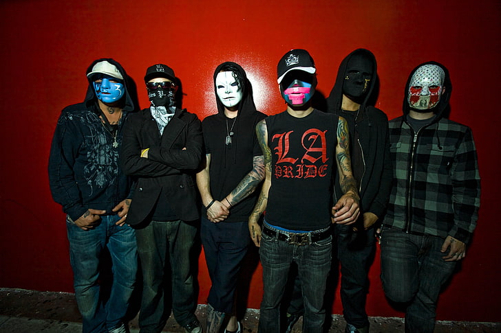 men's black t-shirt, hollywood undead, band, members, masks, wall, HD wallpaper