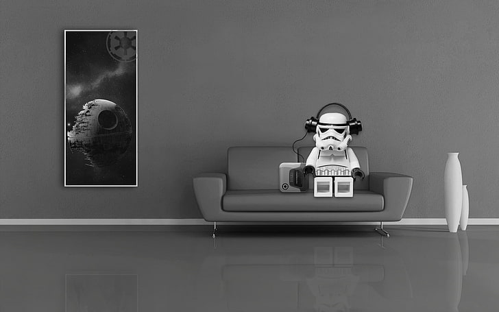 Ilustracja Star Wars Storm Trooper, Star Wars, LEGO Star Wars, szturmowiec, kanapa, słuchawki, muzyka, pokoje dzienne, Death Star, odbicie, zabawki, sztuka cyfrowa, render, monochromatyczny, humor, minimalizm, Tapety HD