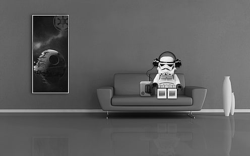 Ilustração de Star Wars Storm Trooper, Star Wars, LEGO Star Wars, stormtrooper, sofá, fones de ouvido, música, salas de estar, Death Star, reflexão, brinquedos, arte digital, render, monocromático, humor, minimalismo, HD papel de parede HD wallpaper