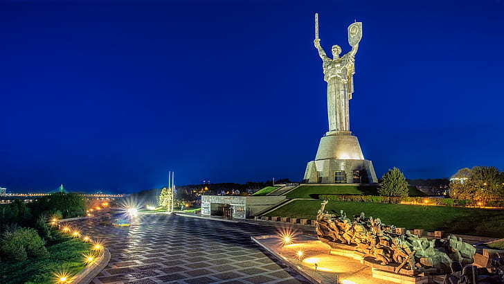 祖国記念碑、キエフ、ウクライナ、記念碑、像、彫刻、祖国記念碑、母なる祖国、夕方、夜、夕暮れ、 HDデスクトップの壁紙