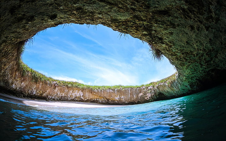 badan air dengan gua pada siang hari, pantai, pulau, pasir, rumput, laut, tropis, Meksiko, batu, air, alam, pemandangan, Wallpaper HD