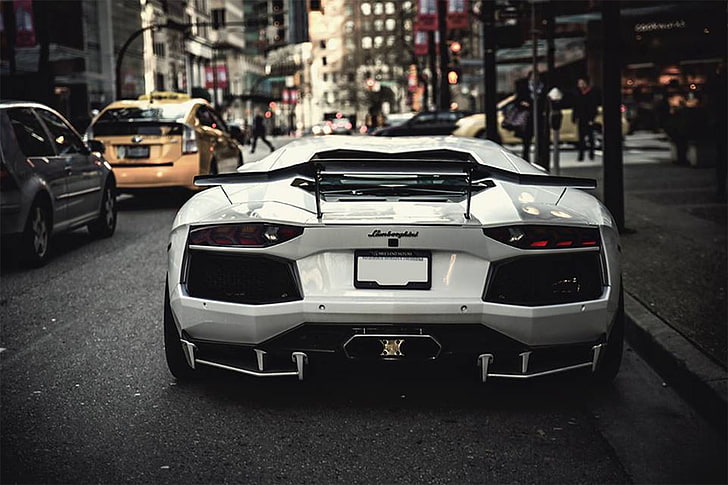 белый Lamborghini Aventador купе, Lamborghini, спорткар, улица, Speedhunters, автомобиль, HD обои