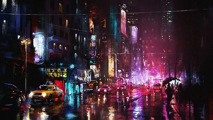 ville, métropole, lumières de la ville, nuit, rue, réflexion, obscurité, pluie, paysage urbain, jour de pluie, pleuvoir, pluvieux, précipitations, Fond d'écran HD