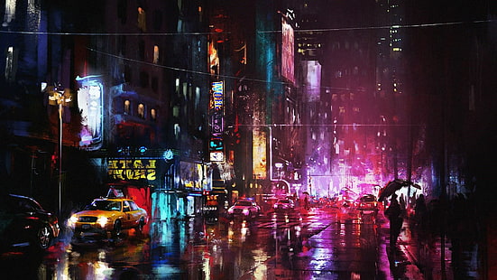 ville, métropole, lumières de la ville, nuit, rue, réflexion, obscurité, pluie, paysage urbain, jour de pluie, pleuvoir, pluvieux, précipitations, Fond d'écran HD HD wallpaper