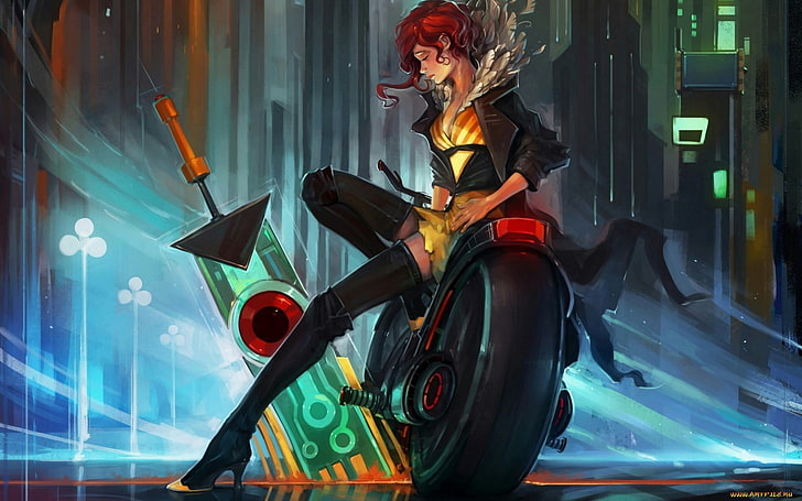 Ilustrasi wanita berambut merah, Transistor, Game Supergiant, video game, Wallpaper HD