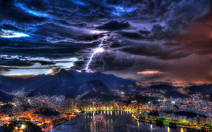 Рио де Жанейро Нощен изглед, Рио де Жанейро, град, нощ, гръмотевици, облаци, HD тапет