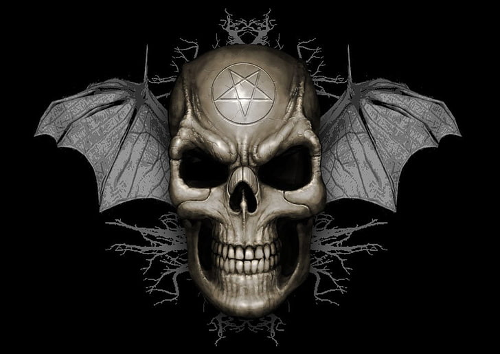 cráneo con fondo de pantalla gráfico pentagrama y alas, oscuro, cráneo, Fondo de pantalla HD