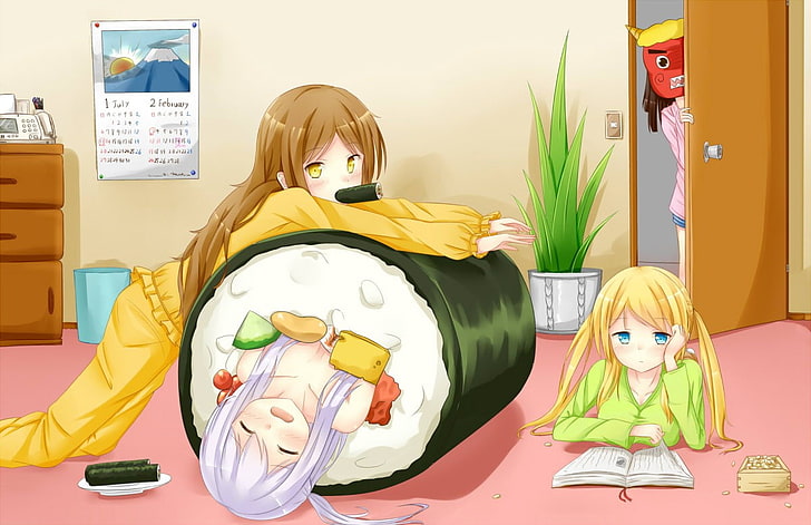 アニメの女の子 ロングヘア パジャマ 寿司 Hdデスクトップの壁紙