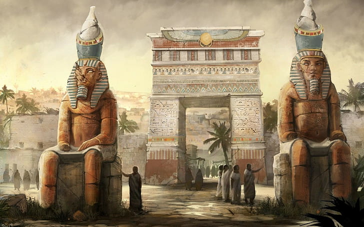 œuvres d'art, art numérique, égyptien, Art fantastique, dieux, hiéroglyphes, palmiers, personnes, statue, maison en pierre, ville, Fond d'écran HD