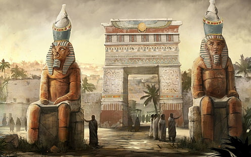 grafika, hieroglify, ludzie, posąg, bogowie Egiptu, fantasy art, egipski, sztuka cyfrowa, palmy, Egipt, miasto, kamienny dom, bogowie, Tapety HD HD wallpaper