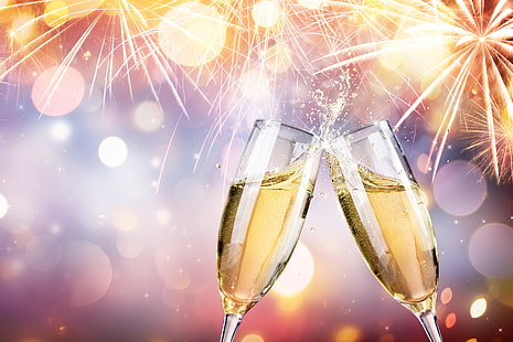 Vacances, Nouvel An, Alcool, Bokeh, Célébration, Champagne, Boisson, Feux d'artifice, Verre, Fond d'écran HD HD wallpaper