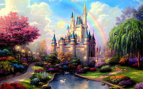 Новый день в замке Золушки, тропа, замок, олень, цветы, деревья, томас кинкейд, река, диснейленд, огни, мост, золушка с, HD обои HD wallpaper