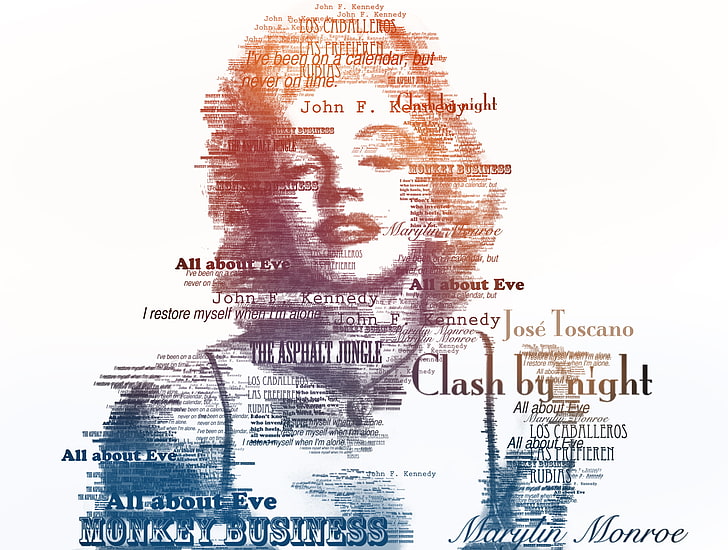 Marilyn Monroe illustration, texte, actrice, chanteur, typographie, arrière-plan, art numérique, Marilyn Monroe, images de texte, Fond d'écran HD