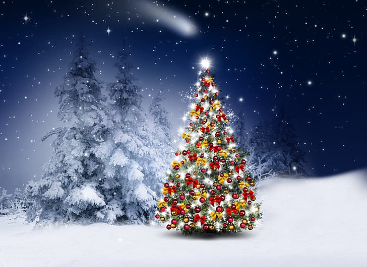 winter, snow, decoration, snowflakes, balls, tree, New Year, Christmas, happy, night, Merry Christmas, Xmas, Christmas tree, HD wallpaper