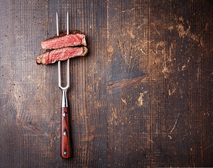 grilled meats, wood, fork, meat, roasted, HD wallpaper