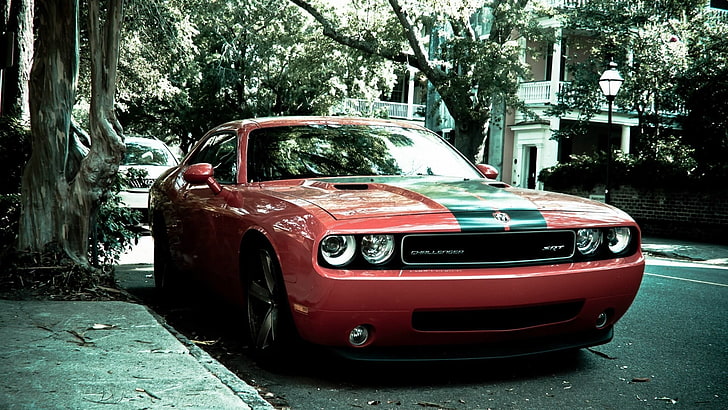 red sports car, Dodge Challenger, car, muscle cars, red, street, Dodge Challenger SRT, HD wallpaper