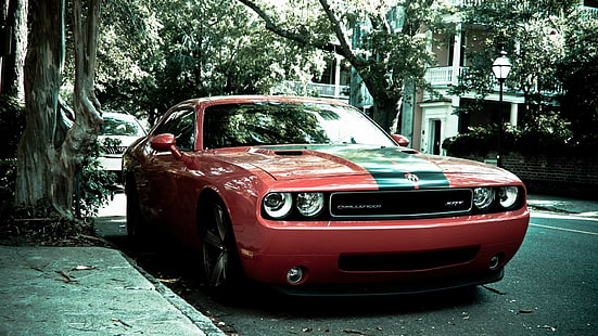 красная спортивная машина, Dodge Challenger, суперкар, мускул кар, красная, улица, Dodge Challenger SRT, HD обои HD wallpaper
