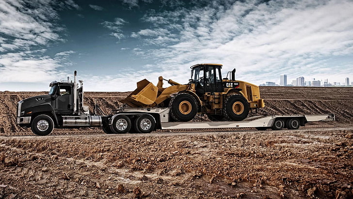 yellow heavy equipment, excavators, Truck, vehicle, HD wallpaper