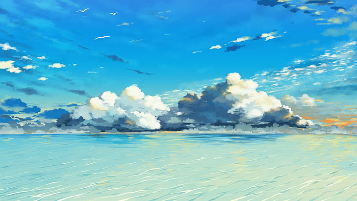 blue sky and clouds painting, water, sky, clouds, HD wallpaper