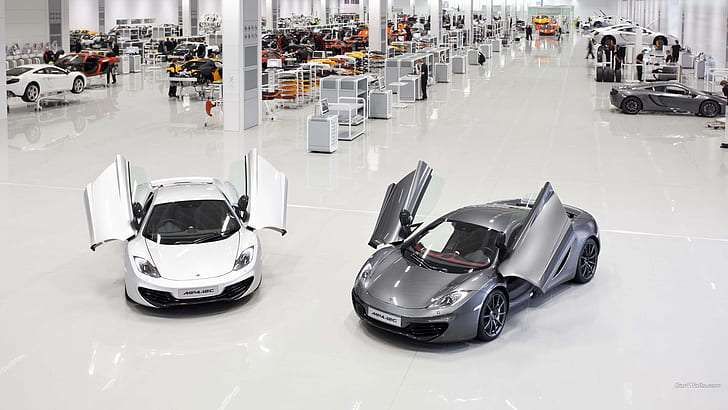 McLaren MP4-12C Factory HD, tow white and grey sports cars, cars, mclaren, 12c, mp4, factory, HD wallpaper