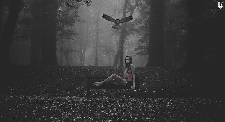 Photoshop, Fotomanipulation, Frauen, Eule, Natur, Frauen draußen, Raubvogel, Wald, HD-Hintergrundbild