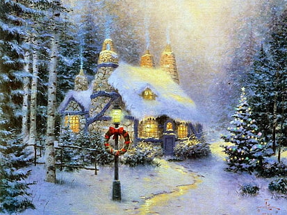 art Christmas thomas-kinkade-stonehearth-hutch- บทคัดย่ออื่น ๆ HD Art, ศิลปะ, ภาพวาด, คริสต์มาส, หิมะ, ต้นไม้, Thomas Kinkade, วอลล์เปเปอร์ HD HD wallpaper