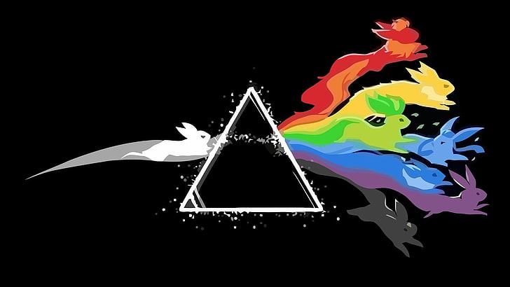 Logo dell'album Pink Floyd Darkside of the Moon, Pokémon, Eeveelutions, Eevee, Flareon, Jolteon, Leafeon, Glaceon, Vaporeon, Espeon, Umbreon, prisma, Sfondo HD