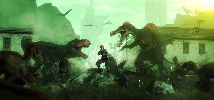 zrzut ekranu z gry z dwoma dinozaurami, dinozaury, broń, Tyrannosaurus rex, spinozaur, Dino Crisis, Tapety HD