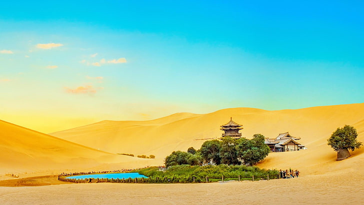 desert, china, gobi desert, sand, oasis, crescent lake, yueya spring, asia, dune, lake, HD wallpaper