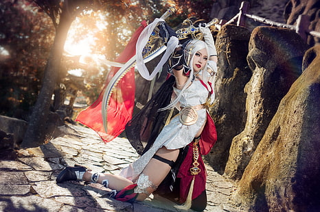 look, girl, light, trees, nature, pose, style, stones, weapons, feet, tile, sword, hands, figure, blonde, costume, shoes, outfit, fabric, image, Asian, beauty, is, elf, swords, warrior, white hair, on my knees, cosplay, the girl-soldier, militant, HD wallpaper HD wallpaper