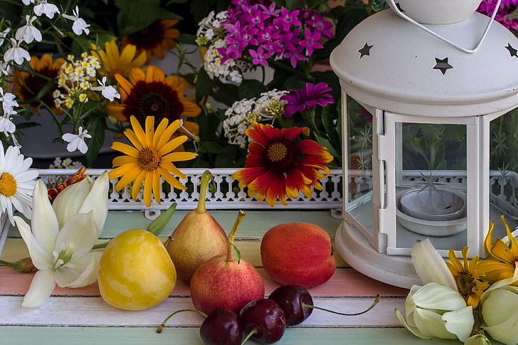 cherries, deco, flowers, fruit, lamp, pears, still life, wild flower, HD wallpaper