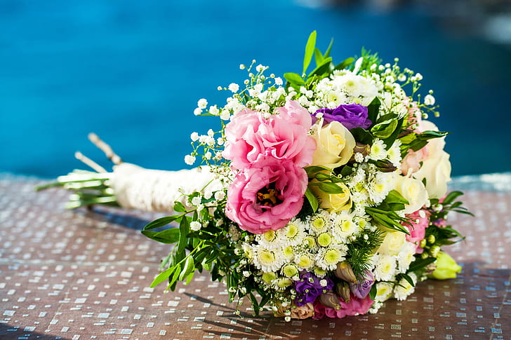 Fleurs Eustoma, bouquet violet, rose et blanc, fleurs, bouquets, eustoma, roses, chrysanthèmes, Fond d'écran HD