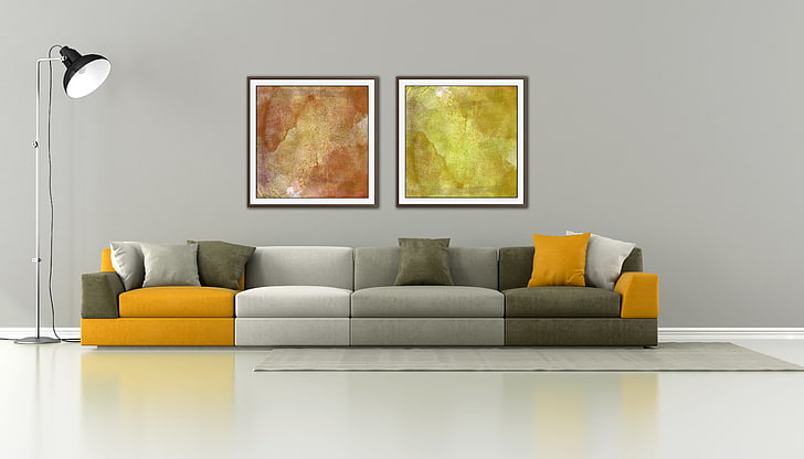żółto-biało-szara wyściełana kanapa, sofa, wnętrze, kanapa, stylowy design, minimalistyczny salon, Tapety HD