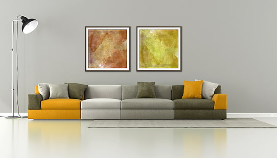 أريكة مبطنة باللون الأصفر والأبيض والرمادي ، وأريكة ، وداخلية ، وأريكة ، وتصميم أنيق ، وصالة مبسطة، خلفية HD HD wallpaper
