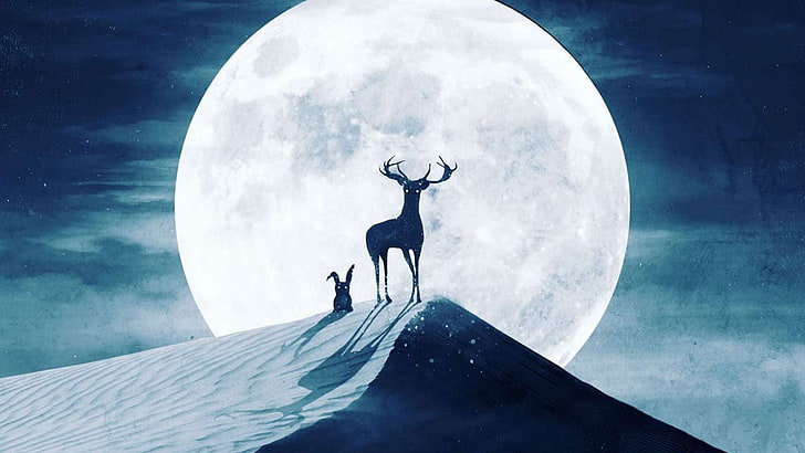 Ilustración de ciervos y conejos, arte digital, Luna, ciervos, desierto, conejos, Fondo de pantalla HD