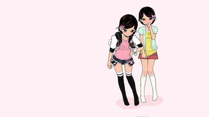 애니메이션, 쌍둥이, 짧은 머리, 당황, 짧은 치마, 반바지, Minasuki Popuri, 만화, 애니메이션 소녀들, 스타킹, HD 배경 화면