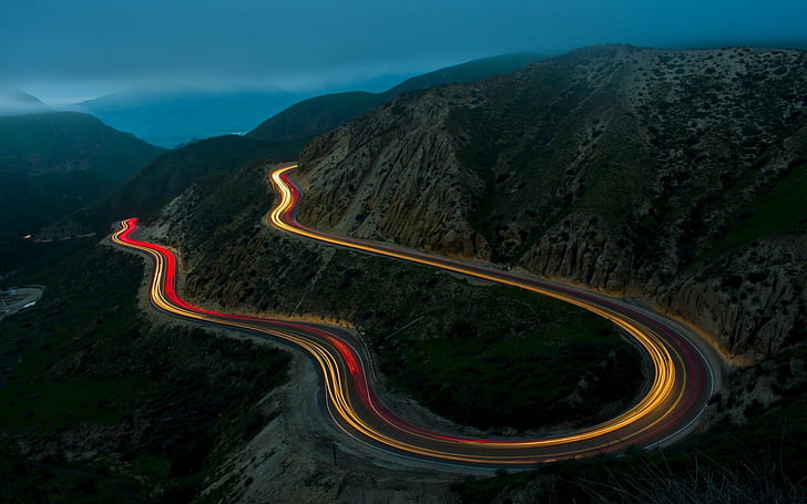 landscape, California, hairpin turns, long exposure, aerial view, road, HD wallpaper