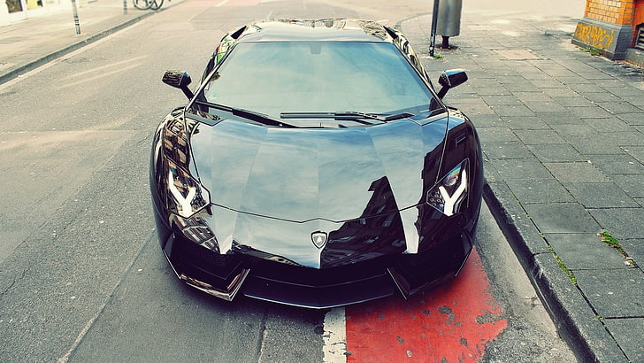 black sports car, car, Lamborghini Aventador, Lamborghini, black cars, vehicle, HD wallpaper