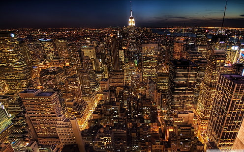 аэрофотосъемка высотных зданий в ночное время, город, город, городской пейзаж, огни, нью-йорк, огни города, ночь, HD обои HD wallpaper