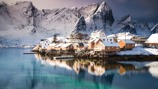 brown-and-white houses, sea, mountains, snow, house, town, reflection, Lofoten Islands, Norway, HDR, HD wallpaper HD wallpaper