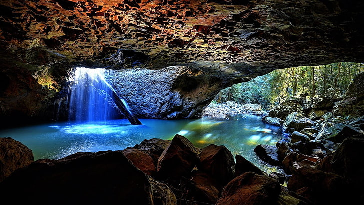 cave, waterfall, brisbane, queensland, australia, springbrook national park, national park, natural bridge, gold coast, HD wallpaper