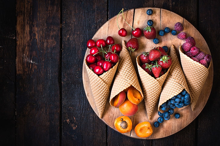 assorted fruits, food, fruit, wooden surface, Sugar Cones, HD wallpaper
