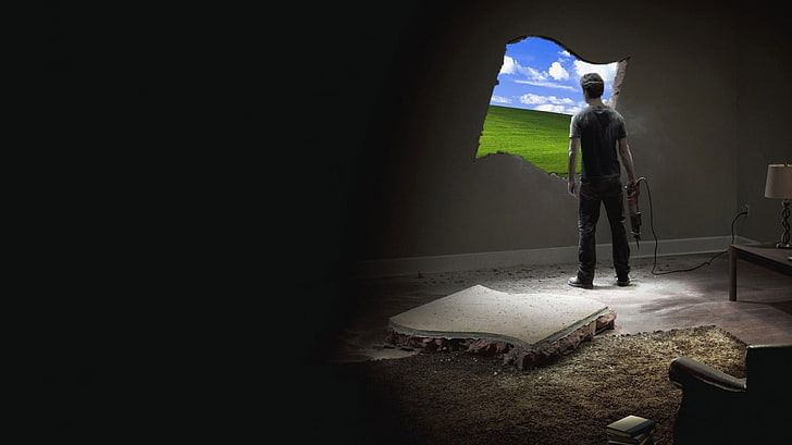 man standing while holding power tool wallpaper, Microsoft Windows, technology, logo, Windows XP, HD wallpaper