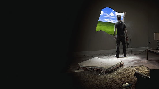 homem de pé, mantendo o papel de parede de ferramenta elétrica, Microsoft Windows, tecnologia, logotipo, Windows XP, HD papel de parede HD wallpaper