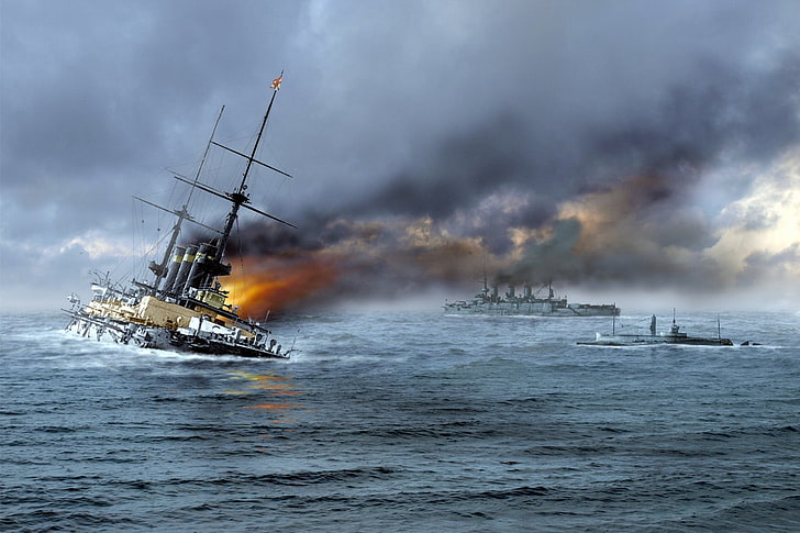 navio cinza, mar, onda, fogo, chama, fumaça, figura, marinha, afogamento, japonês, encouraçado, a guerra russo-japonesa, 'Hatsuse', HD papel de parede